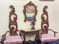 Sheesham wood two large size chairs console mirror and horse statue.