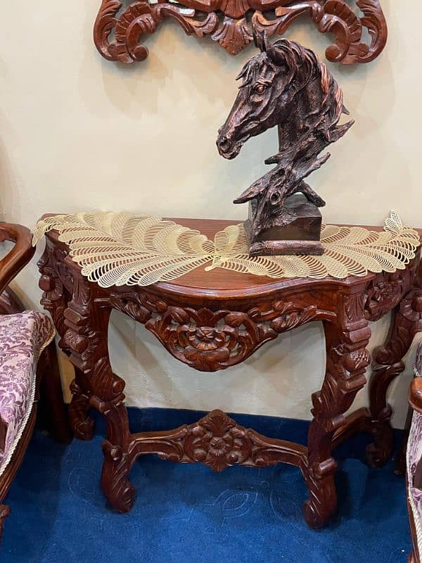 Sheesham wood two large size chairs console mirror and horse statue. 1