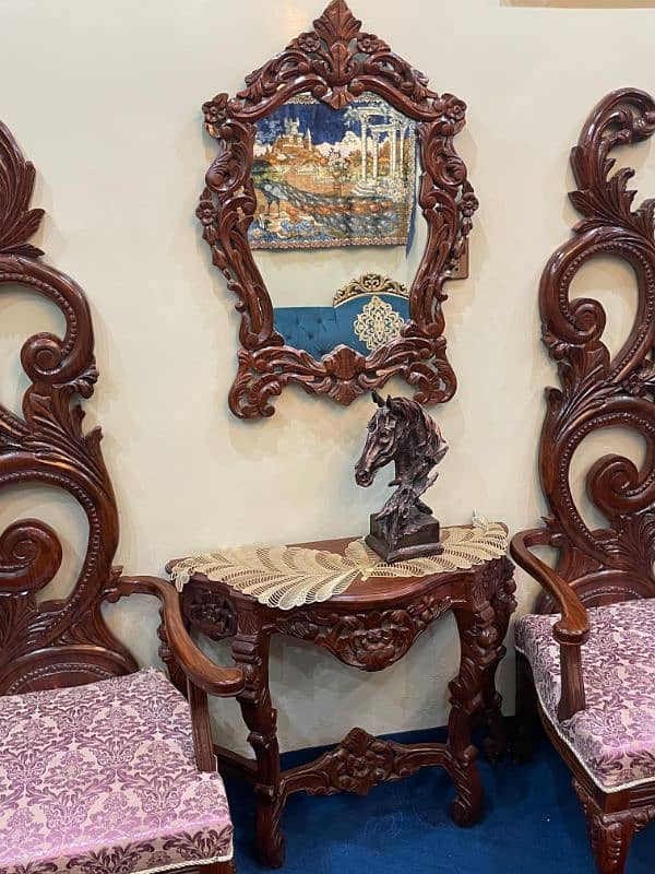 Sheesham wood two large size chairs console mirror and horse statue. 7