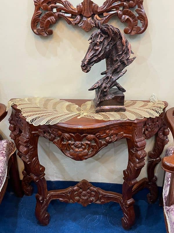 Sheesham wood two large size chairs console mirror and horse statue. 8