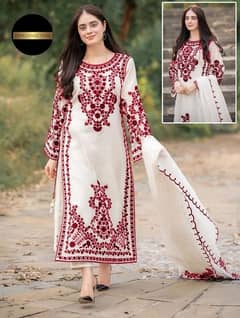 3 Pcs Women's Stitched Organza Embroidered Suit