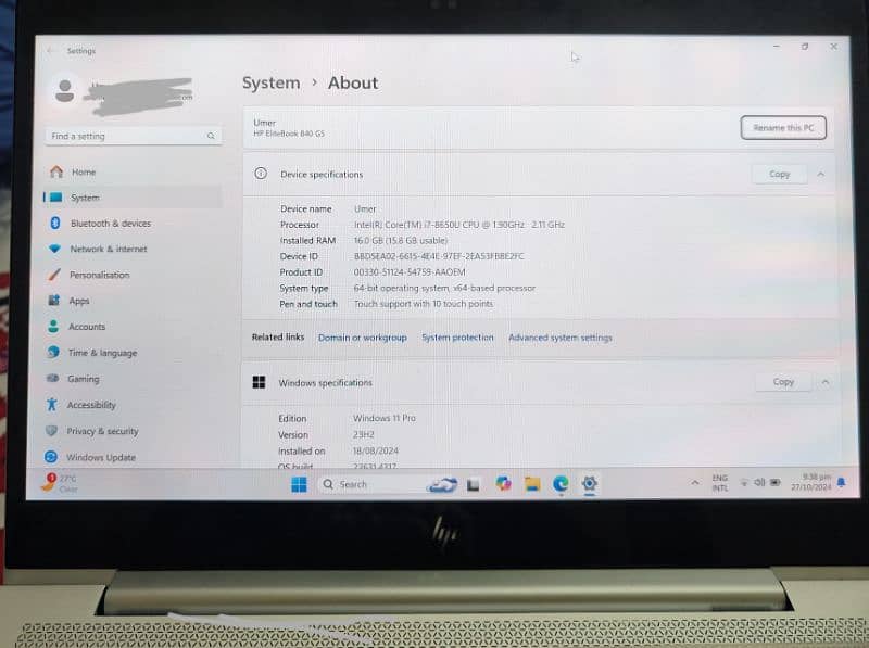 HP EliteBook 840 G5 core I7, 8th Gen, Touch screen HP with Sureview 0