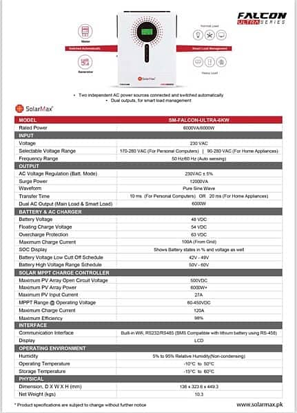 SolarMax Falcon Ultra 6Kw Hybrid Inv with double input & output 1