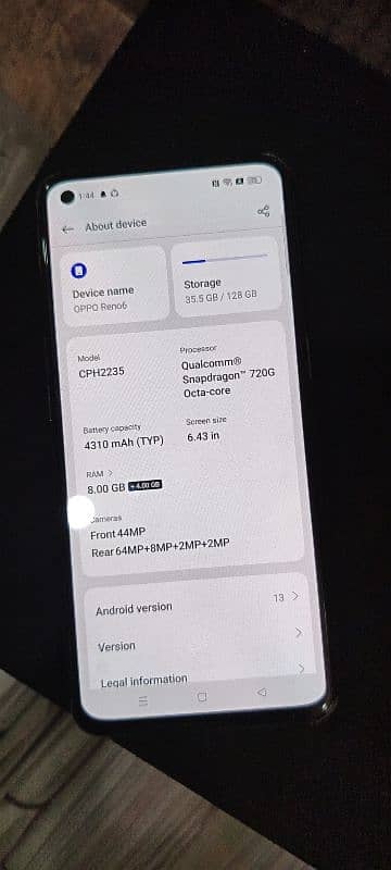 oppo reno 6 8 GB ram 128 GB room 5