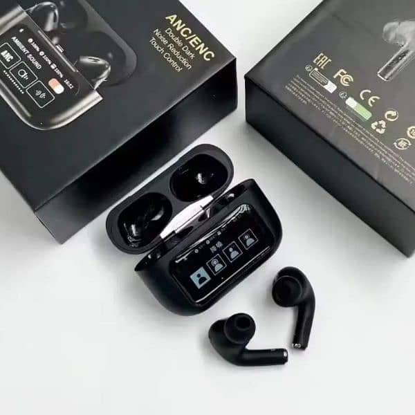 Black A9 Pro ANC AirPods with Screen Bluetooth 5.4 3