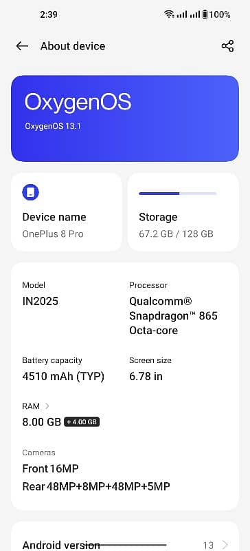 8+4 GB 128 GB rom one plus 8 pro 03075682318 3