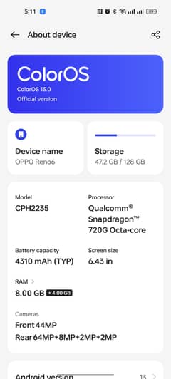 OPPO Reno 6 8plus8 128gb