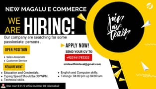 Staff Hiring Male/Female E-Commerce- Matric to BA, Freshers Can Apply