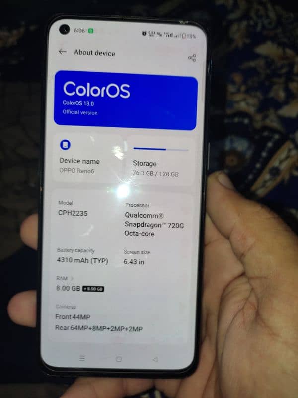 OPPO RENO 6 BACK CRACK HAI BILKUL TOTI HOI BAQI OK COMPLETE BOX SATH 6