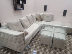 L shape sofa set with dewan n center table with 4 stools n 2 chairs