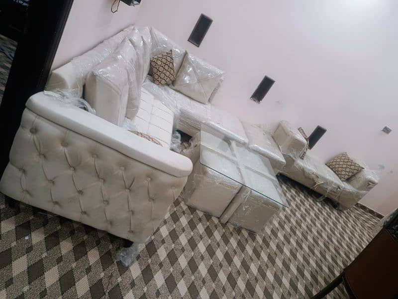 L shape sofa set with dewan n center table with 4 stools n 2 chairs 1