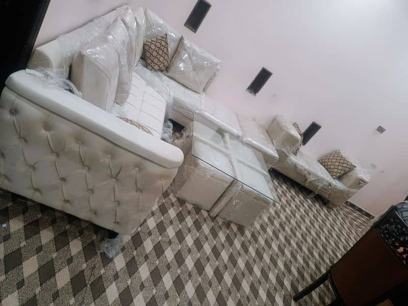 L shape sofa set with dewan n center table with 4 stools n 2 chairs 2