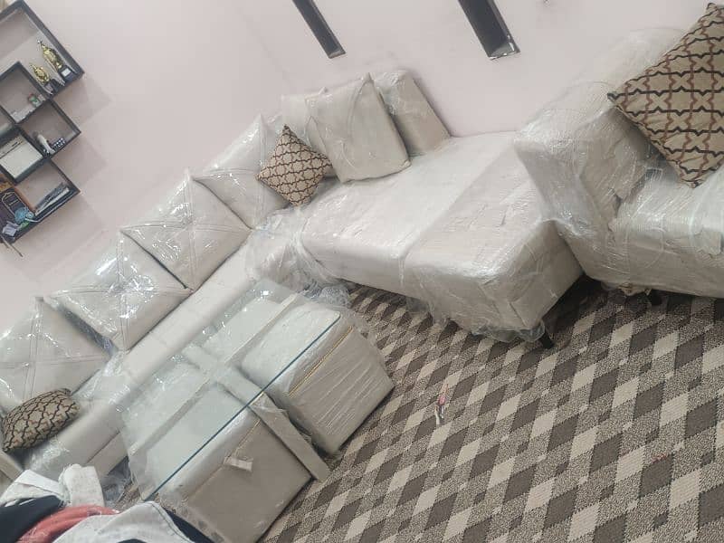 L shape sofa set with dewan n center table with 4 stools n 2 chairs 5