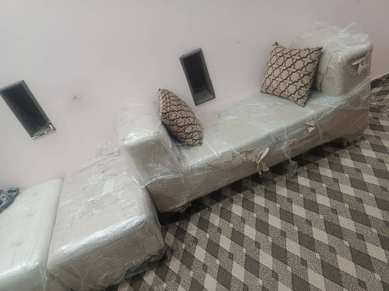 L shape sofa set with dewan n center table with 4 stools n 2 chairs 7