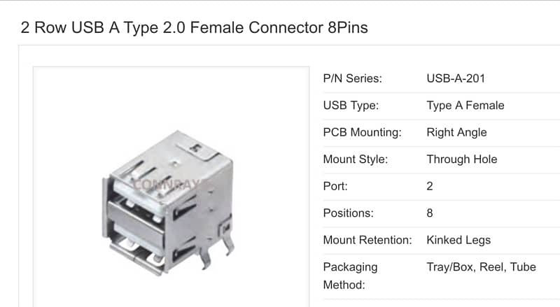 25Pcs/lot Double USB 2.0 Female A Connector, 8 Position, Dual-Stack, 2