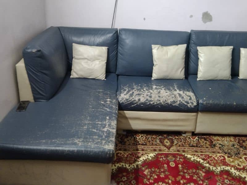 L shaped bluish grey and cream color sofa 5