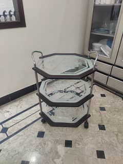 Beautiful and Antique Triple Steps Glass Top Tea Trolley