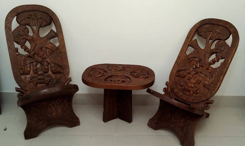 Handmade Antique Congo Chairs & Table Set 0