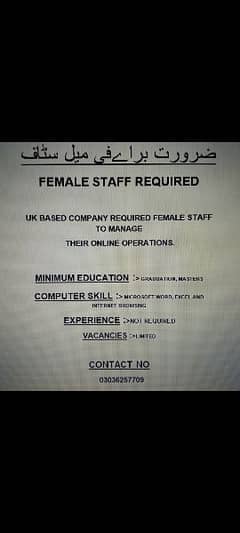 Need Female staff required in office