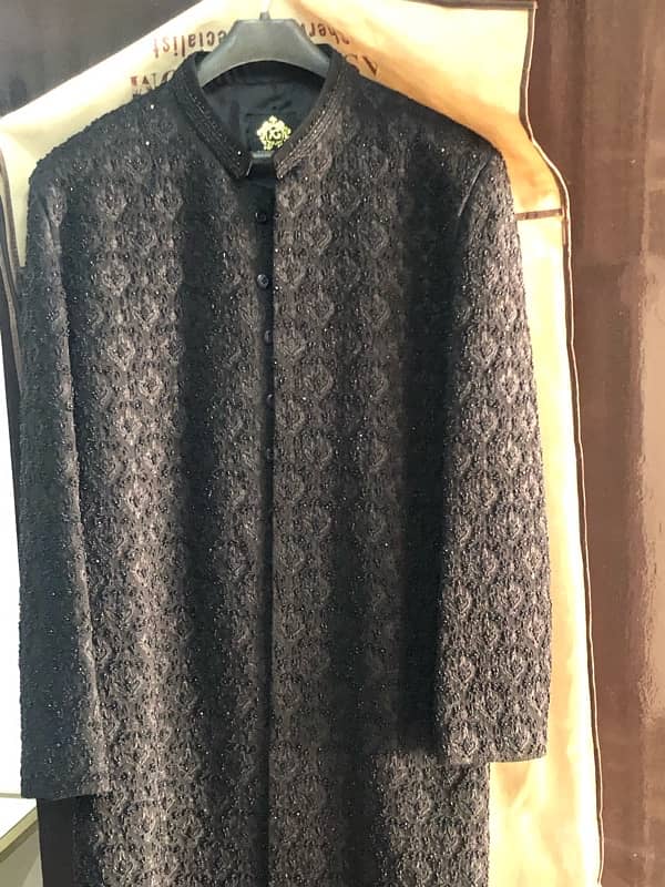 Black sherwani kat dana work for groom one time worn, 6