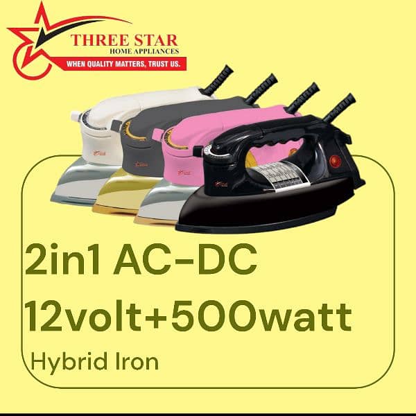 2in1 AC-DC Iron 12volt + 500watt hybrid 5years warranty nonstick 2