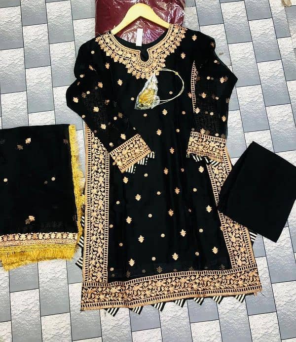 3 Pcs women's stitched chiffon Embroidered suit delivery all pakistan 1