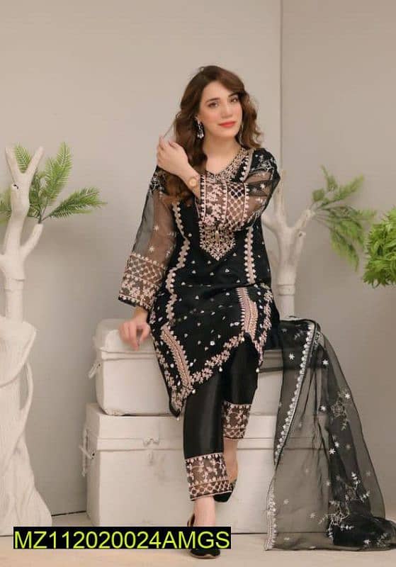 3 pcs woman's stitched organza Embroidered suit 1