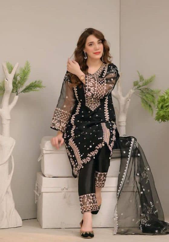 3 pcs woman's stitched organza Embroidered suit 3