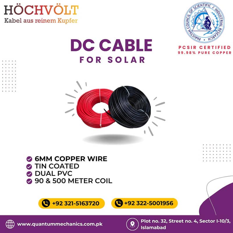 DC Wire Solar Cable 6mm tin copper 99.98% Pure PCSIR Certified 1500V 0