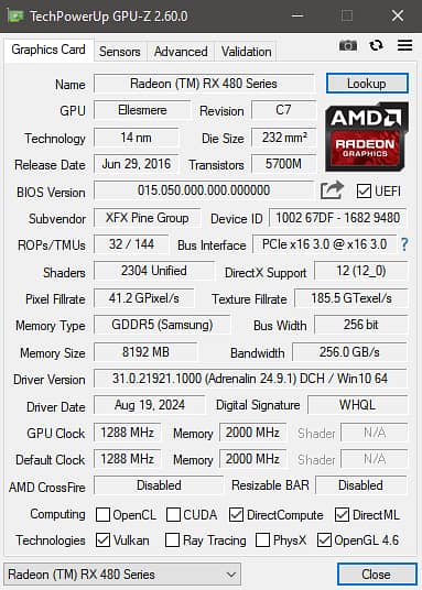 Radeon (TM) RX 480 Series ddr5  256bit 2