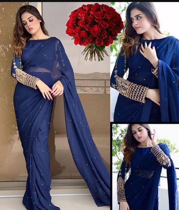 1 pic women,s chiffon embroidered stictched saree 1