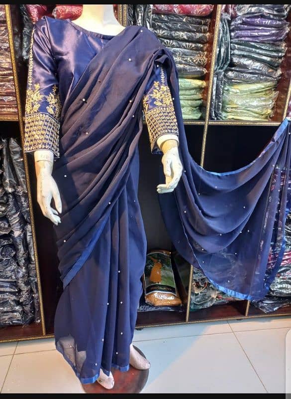 1 pic women,s chiffon embroidered stictched saree 2