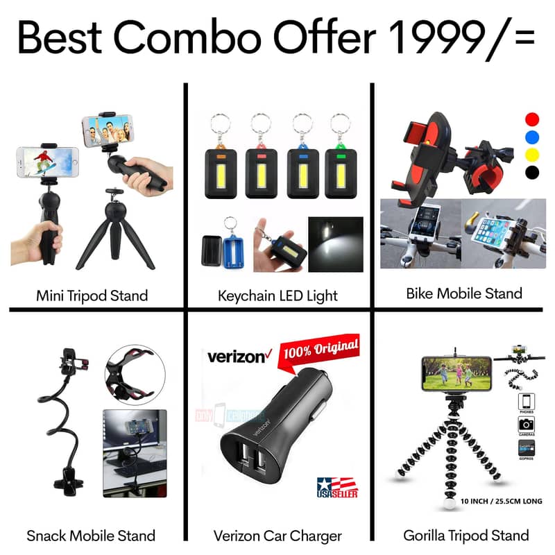 Combo Offer Mobile Stand Charger LED Light Tripod 0