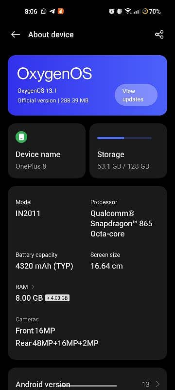 One Plus 8 5G. 8/128GB 8