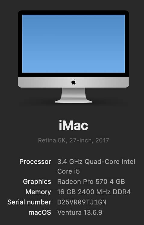 iMac / Retina 5K, 27-inch, 2017 / 16 GB RAM / Core i5 condition 10/10 7