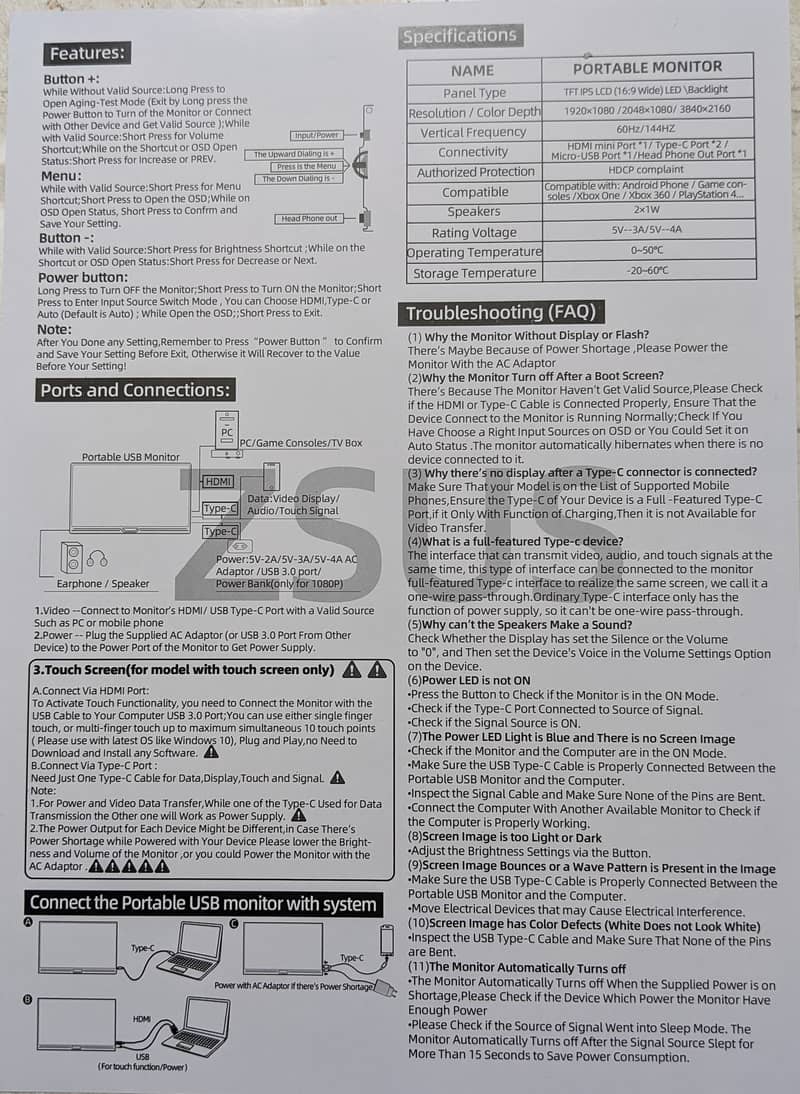 Portable Touch Screen Monitor 14” -  ZSUS 12