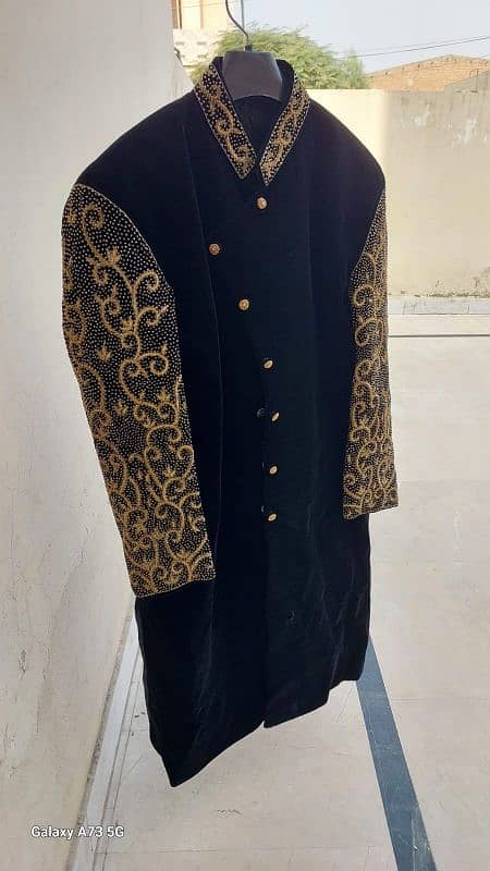 gold embroidery black sherwani 0