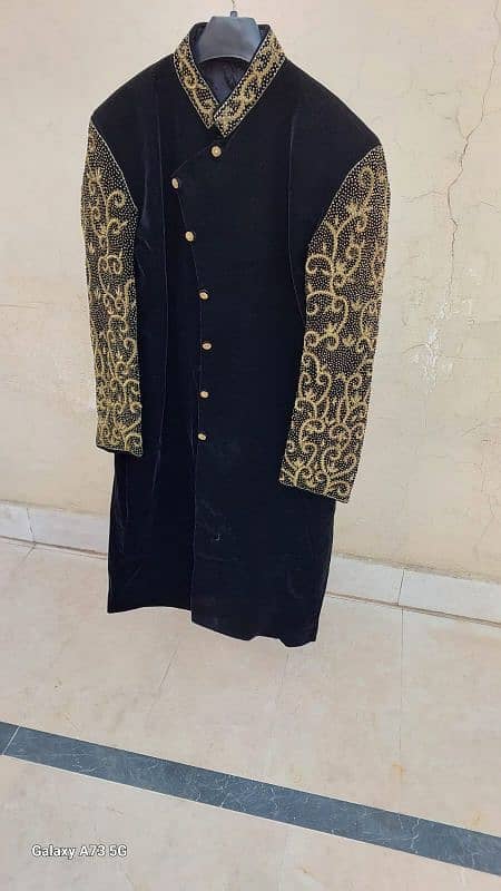 gold embroidery black sherwani 1