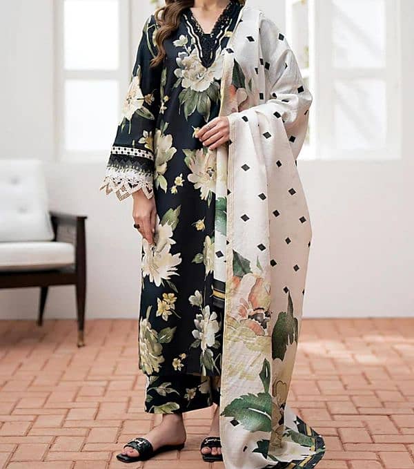 3 pcs Woman's unstitched linen black printed suit 1