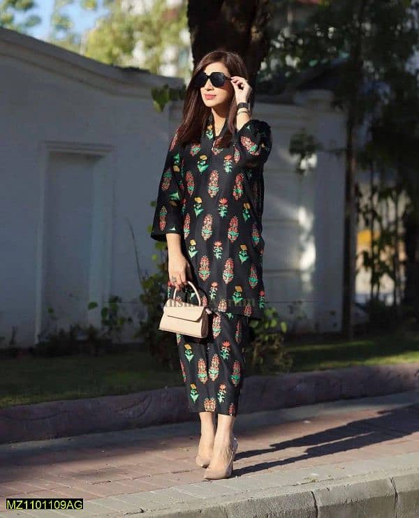 2 PCs Women's Stitched Linen Block Printed suit 1