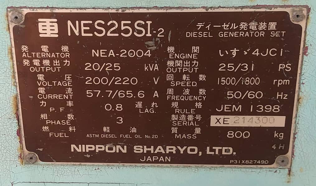 NIPPON SHARYO DIESEL GENERATOR 20KVA 1