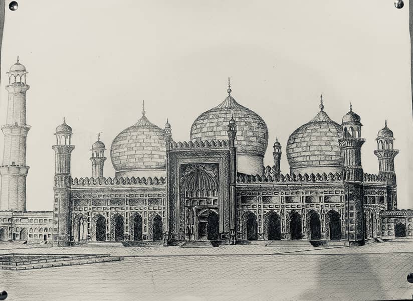 Detailed sketch of Badshahi Mosque( 39.6cm base and 29.1cm height) 0