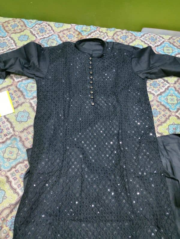 Chiken Embroidery Black Shinning Kurta Pajama- Chicken Black Kurta 3