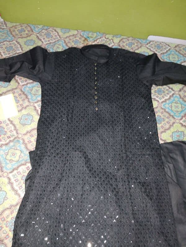 Chiken Embroidery Black Shinning Kurta Pajama- Chicken Black Kurta 4