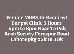 WMO Required For pvt Clinic/Female MBBS Dr Required For pvt Clinic