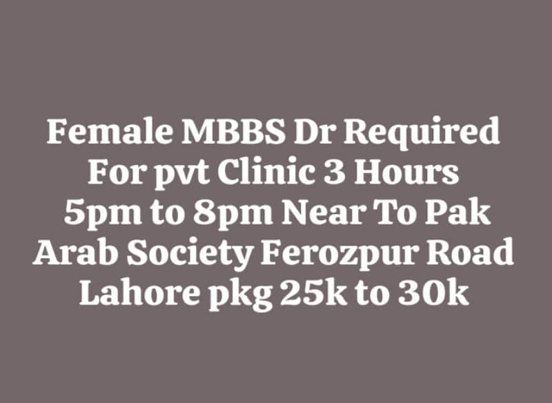 WMO Required For pvt Clinic/Female MBBS Dr Required For pvt Clinic 0