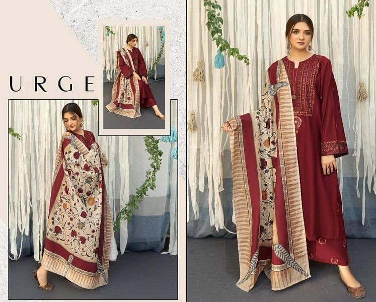 3 Pcs Women's Unstitched Dhanak Embroidered Suit 3