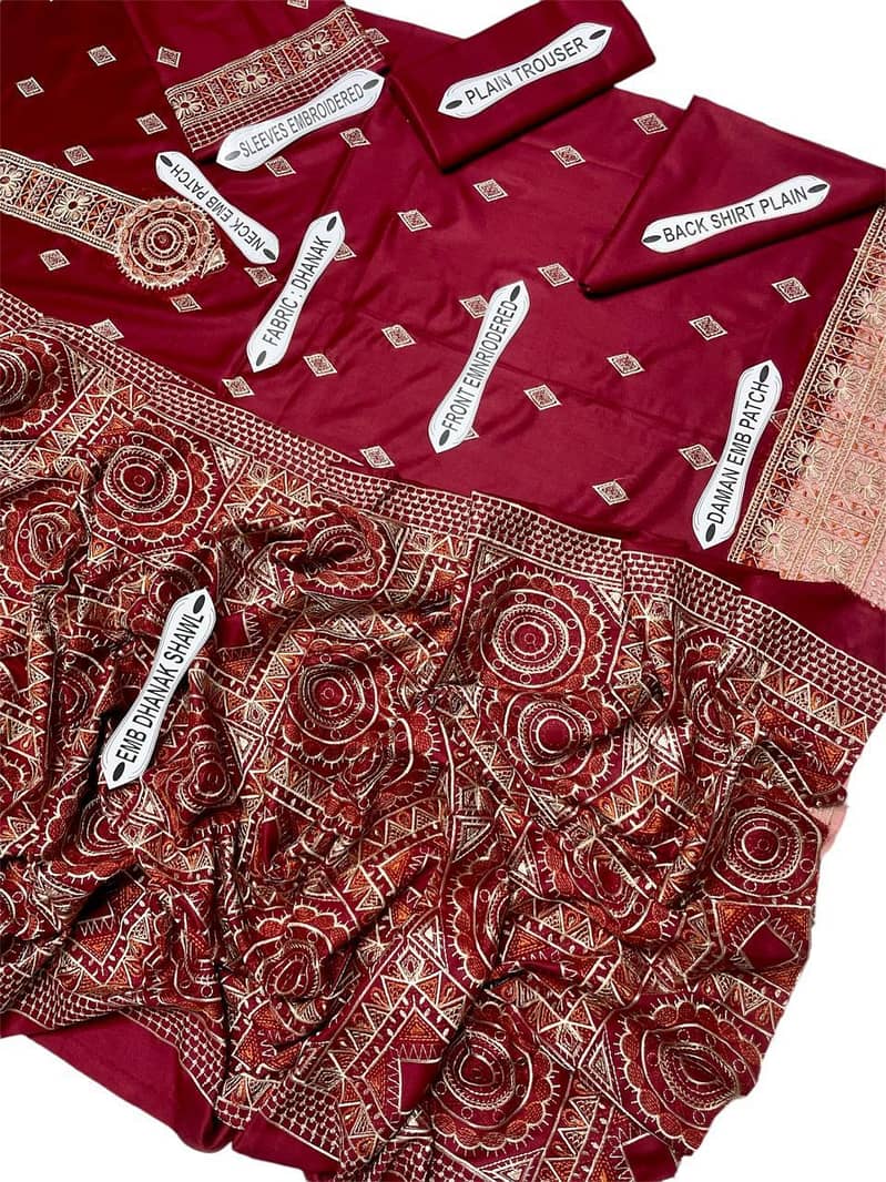 3Pcs Women Unstitched Dhanak Embroidered Suit Cash On Delivery 2