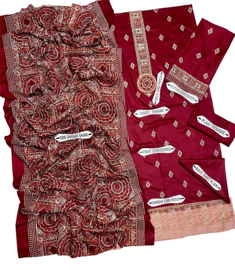 3Pcs Women Unstitched Dhanak Embroidered Suit Cash On Delivery 3