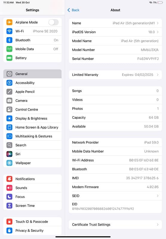 iPad Air (5th generation)M1 Wi-Fi + Cellular 6